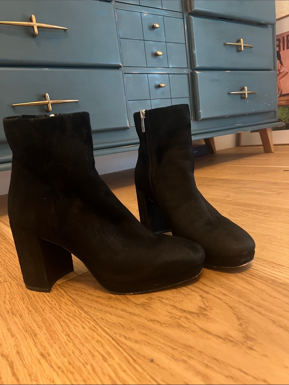 Steven By Steve Madden Black Suede Block Heel Ankle Boots